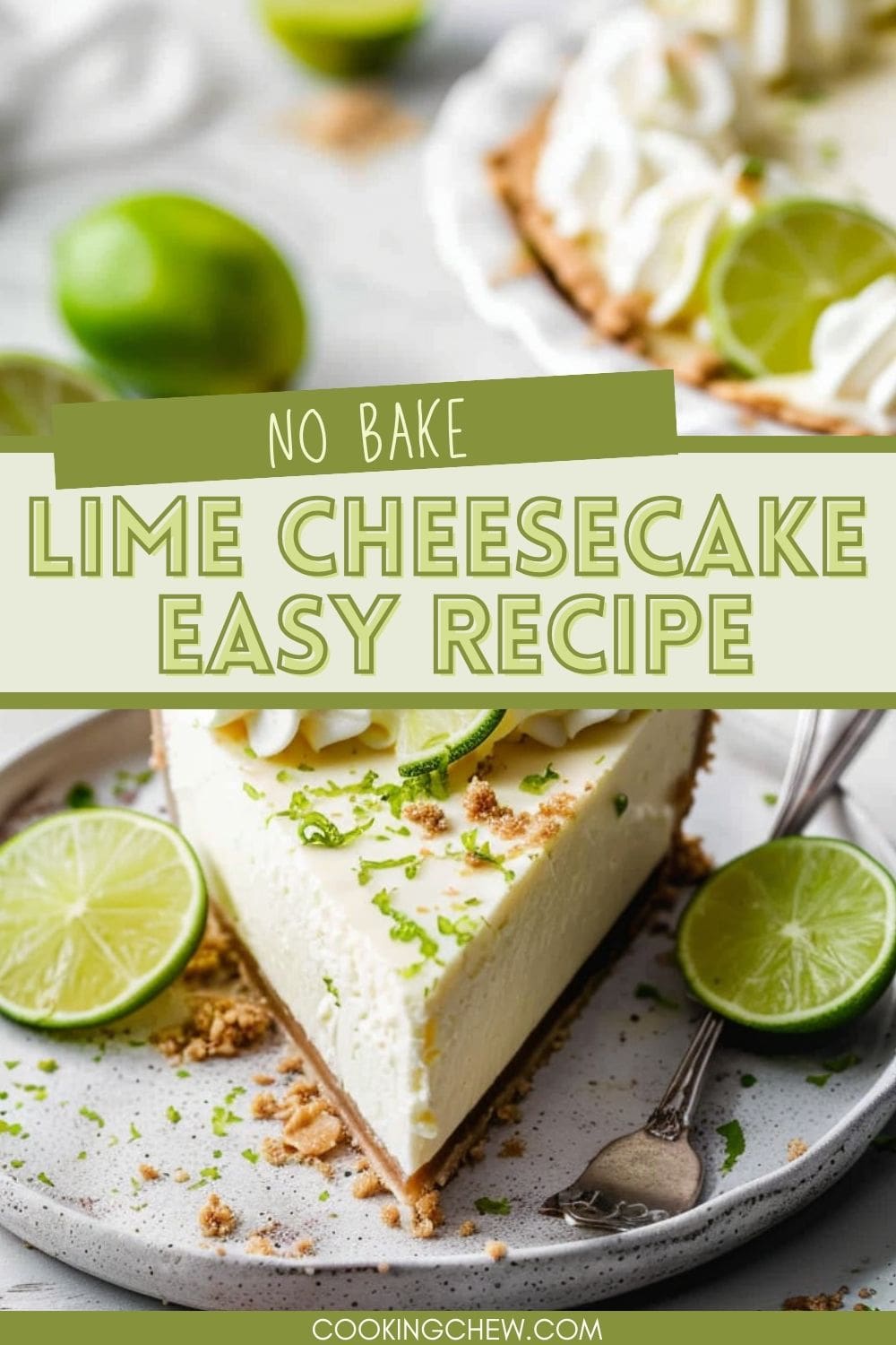 A no bake lime pie cheesecake with a smooth, creamy filling and a graham cracker crust, garnished with lime slices. Perfect for a summer treat.