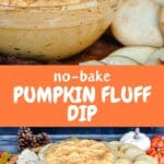 Bowl of creamy, no-bake pumpkin fluff dip with fall-themed dippers.