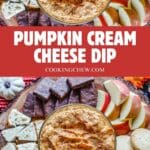 Festive pumpkin cream cheese dip for Thanksgiving with cookies and fruit for dipping.
