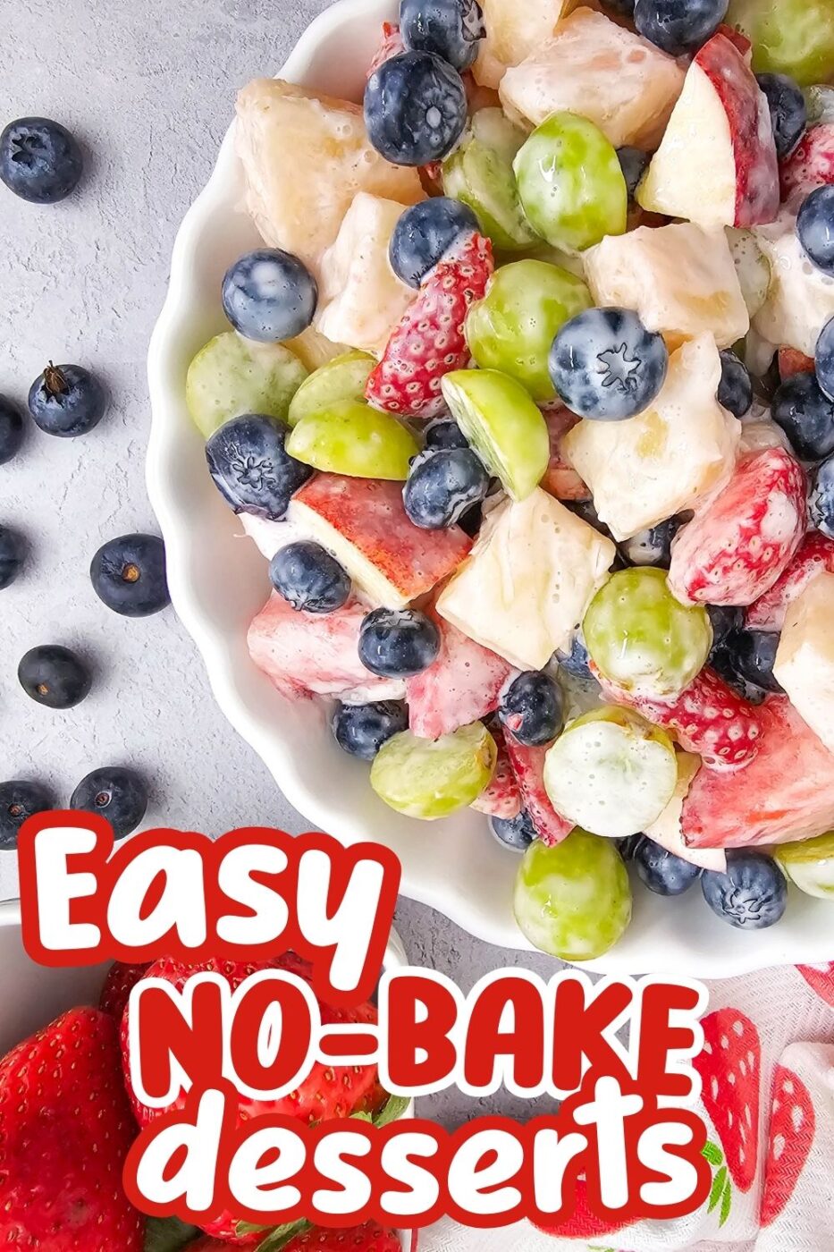 A bowl of fruit salad in a tangy Greek yogurt dressing