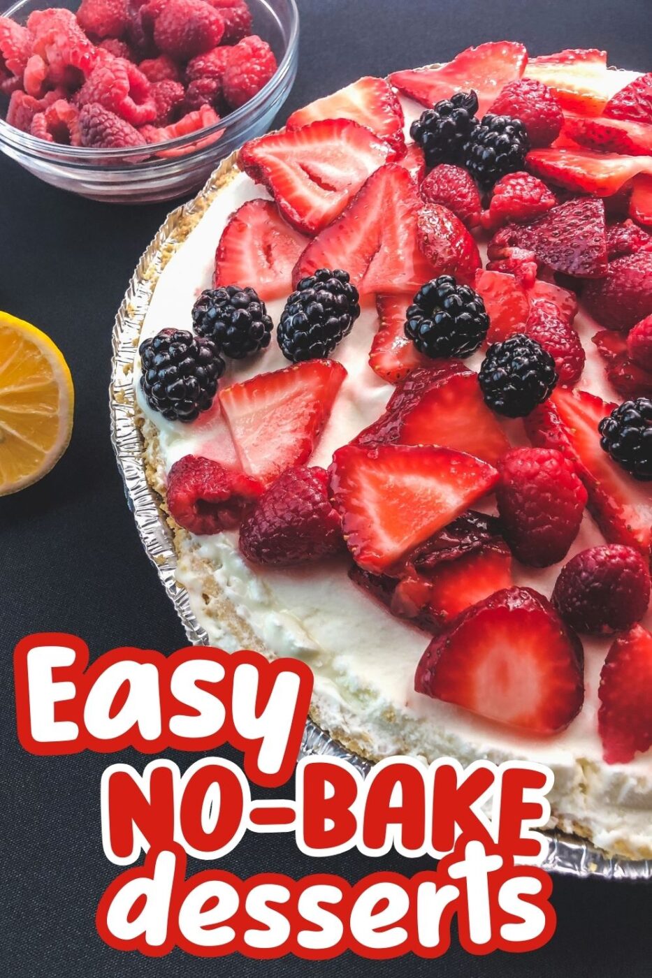 A creamy Pie made with lemon sherbet filling and topped with fresh berries