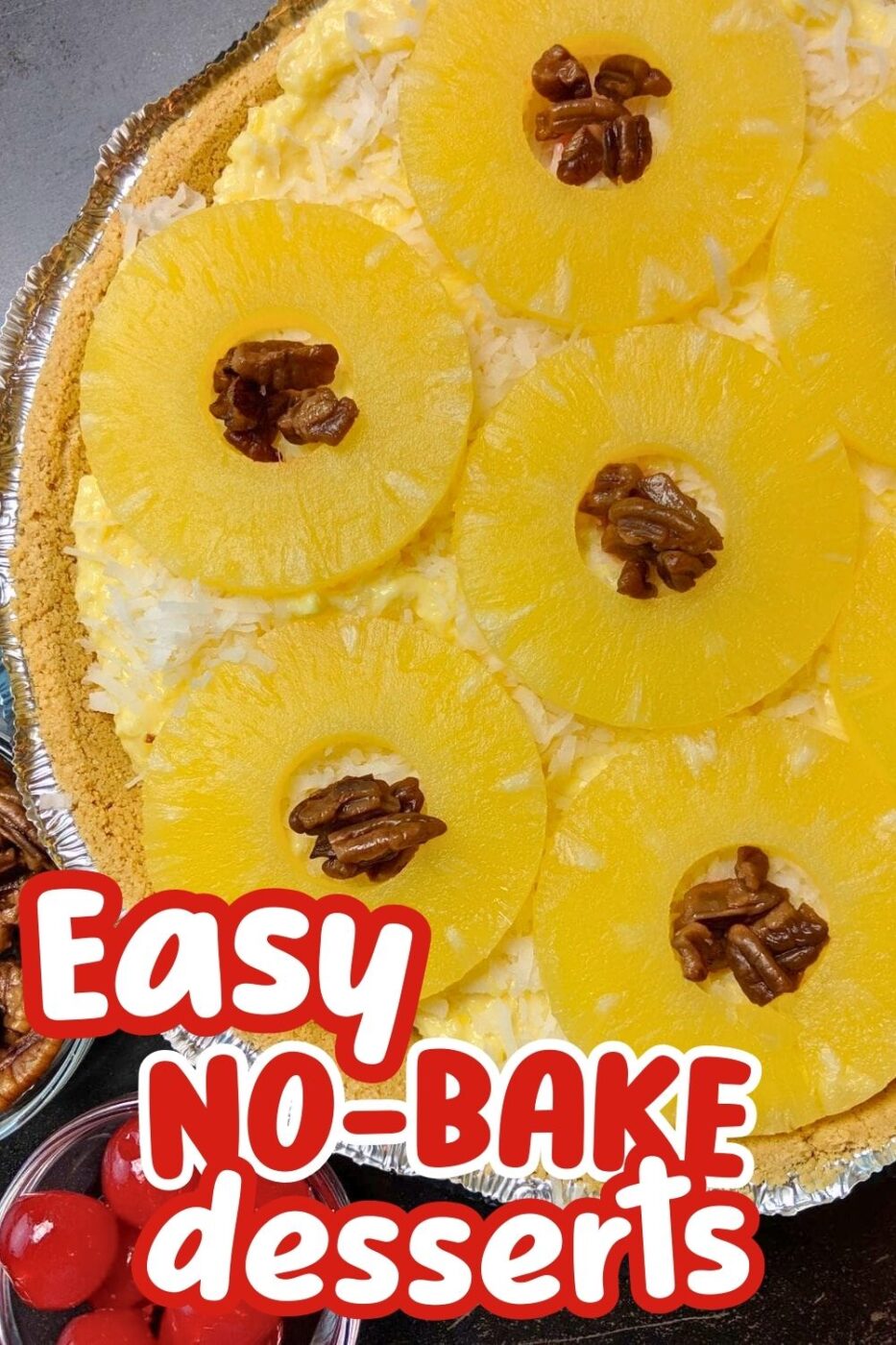 Top view of a tropical-fruit pie, made with box pudding mix, crushed pineapple, pineapple slices, shredded coconut, and some walnuts in a graham cracker crust