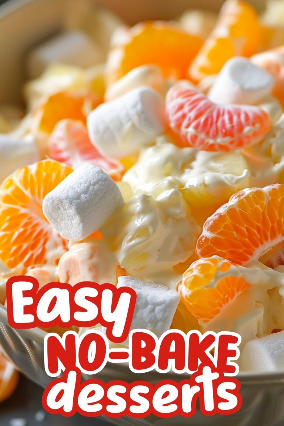 Close up of a Hawaiian-style fruit salad with pudding mix, marshmallows, and canned tropical fruit