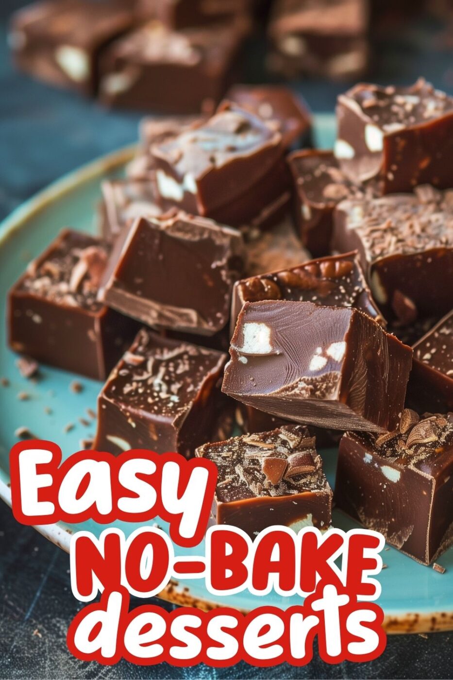 A blue plate with pieces of homemade chocolate fudge