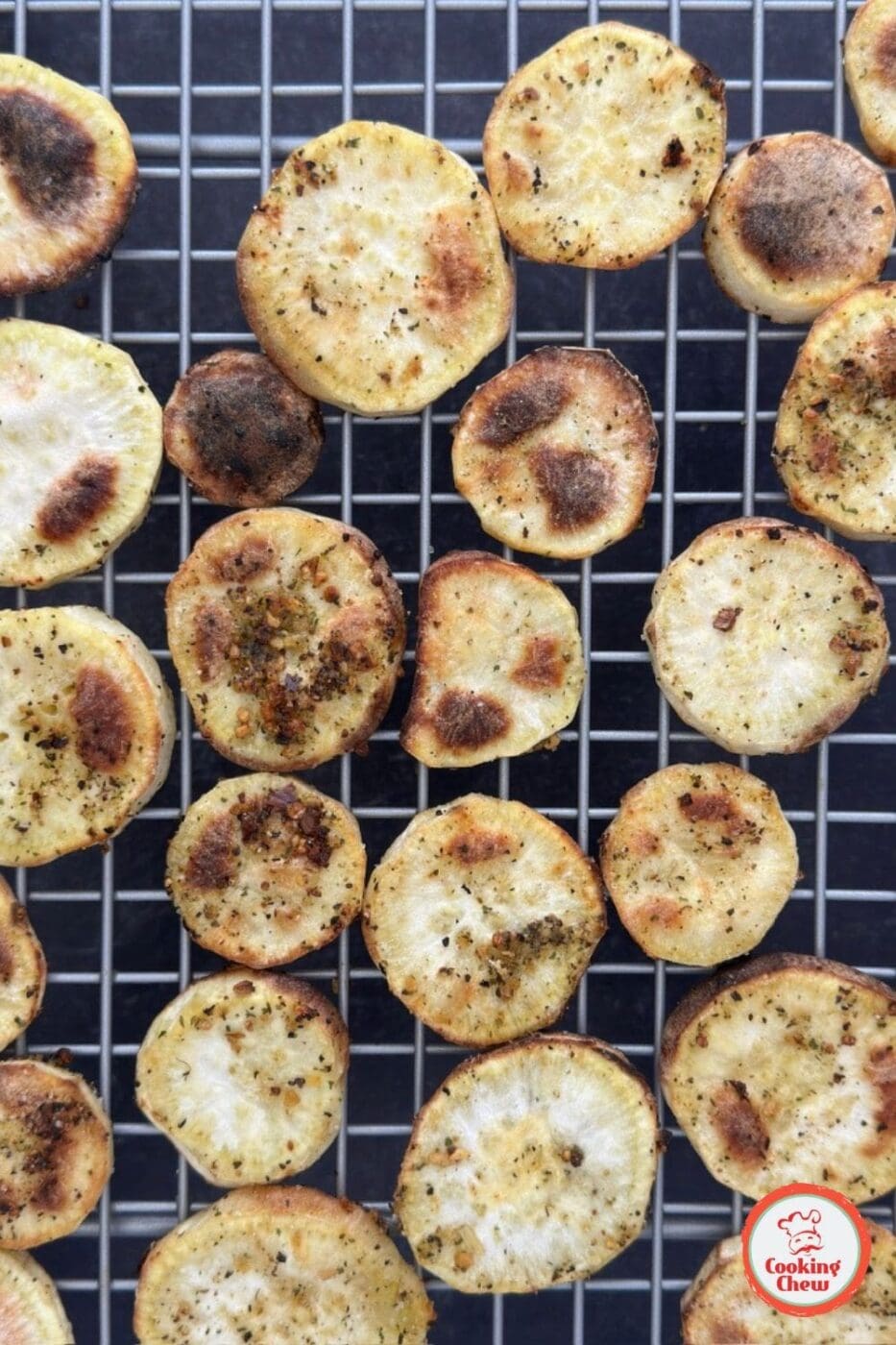 Air-fried potato rounds with a crispy texture.