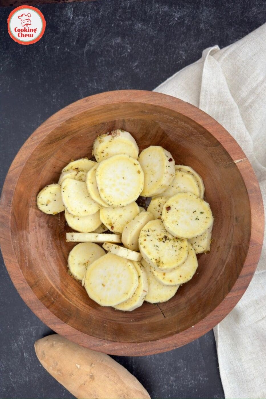 Air-fried sweet potato rounds, crispy and delicious.