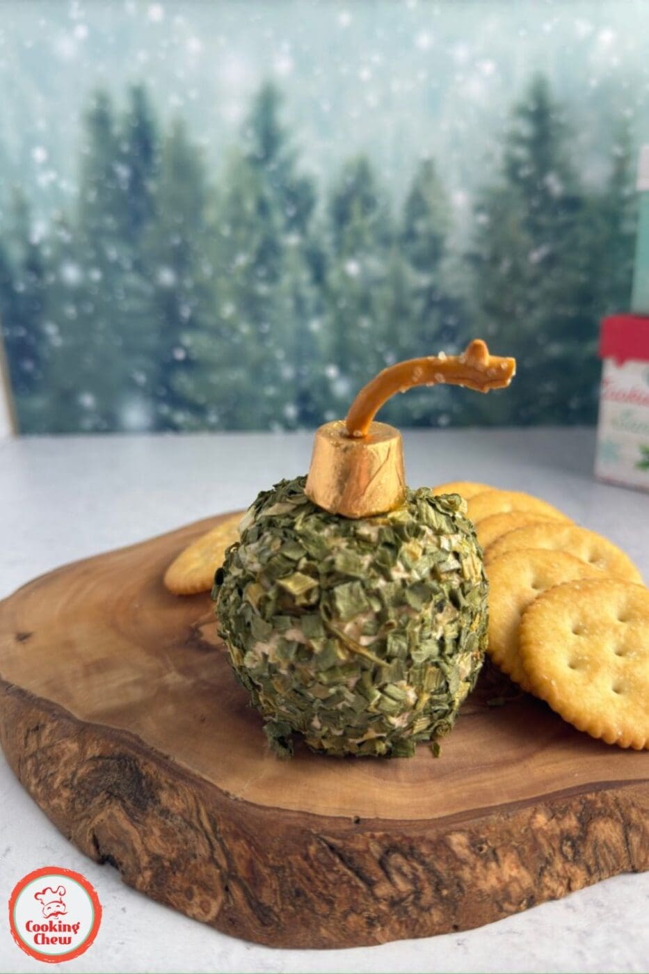 Christmas cheese ball recipe shaped like a holiday ornament.