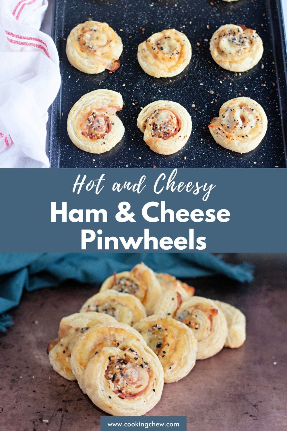 Golden and cheesy ham and cheese puff pastry pinwheels, ideal for quick appetizers or a hot lunch.