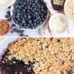Vegan blueberry crisp with a sweet maple syrup topping and fresh blueberries.