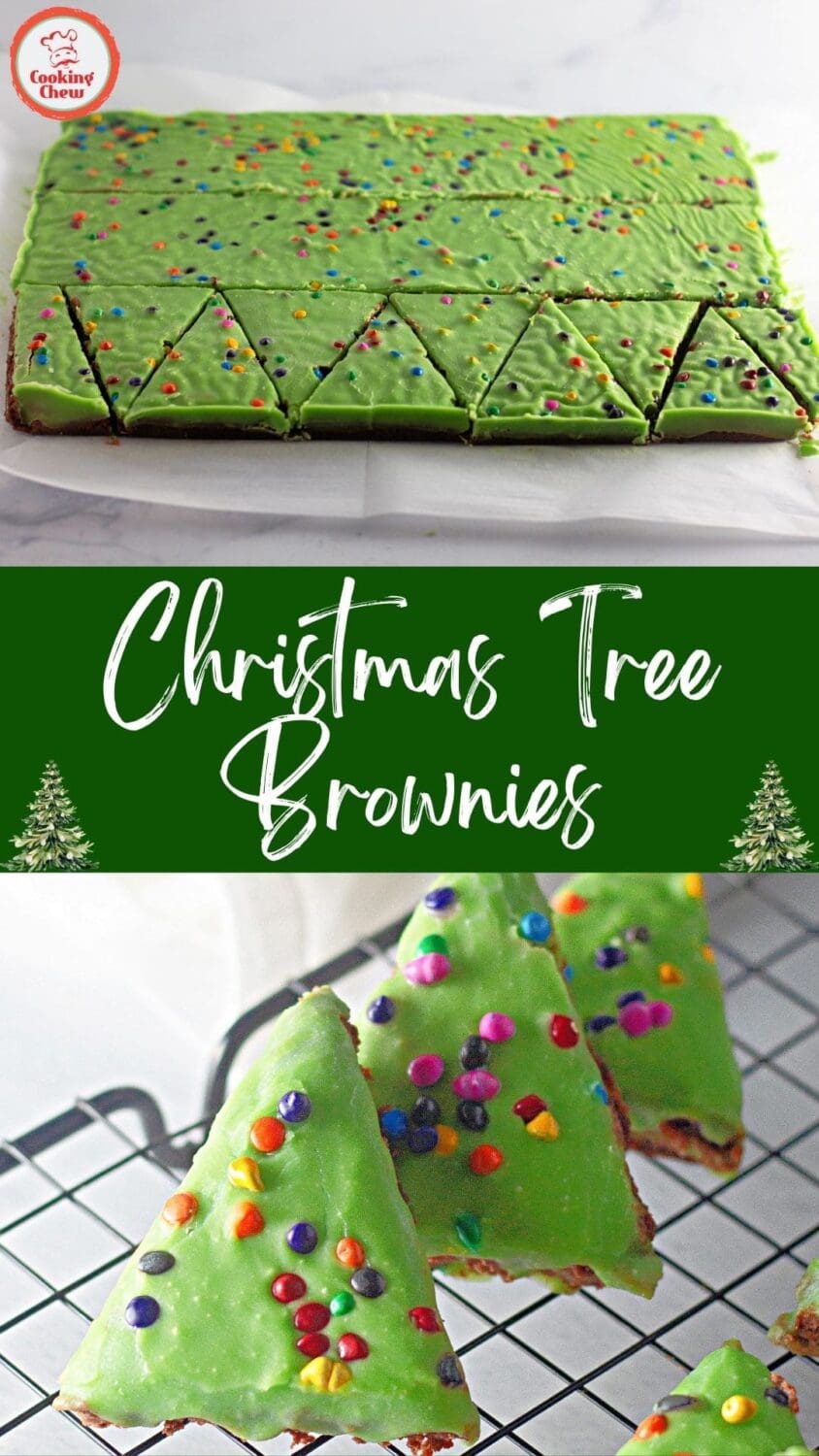 Christmas Tree Brownies with green frosting and candy sprinkles