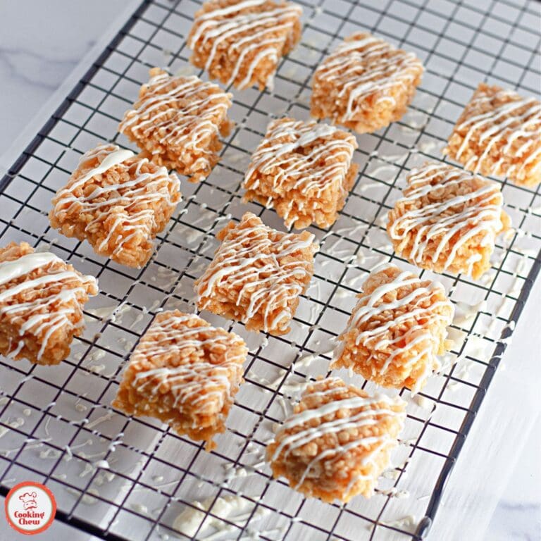 Easy pumpkin spice Rice Krispie treats with white chocolate.