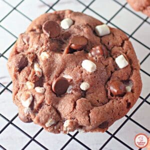 Soft hot chocolate cookies filled with gooey marshmallows.