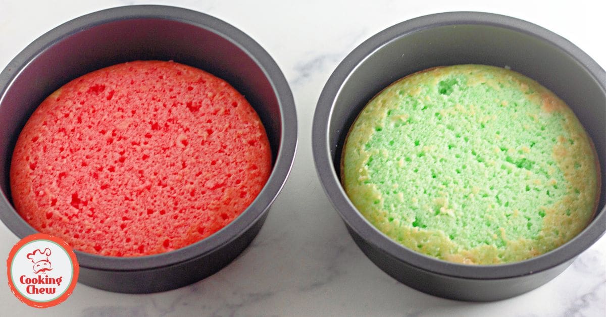 Festive make-ahead Jello cake with bright red and green layers and whipped topping.