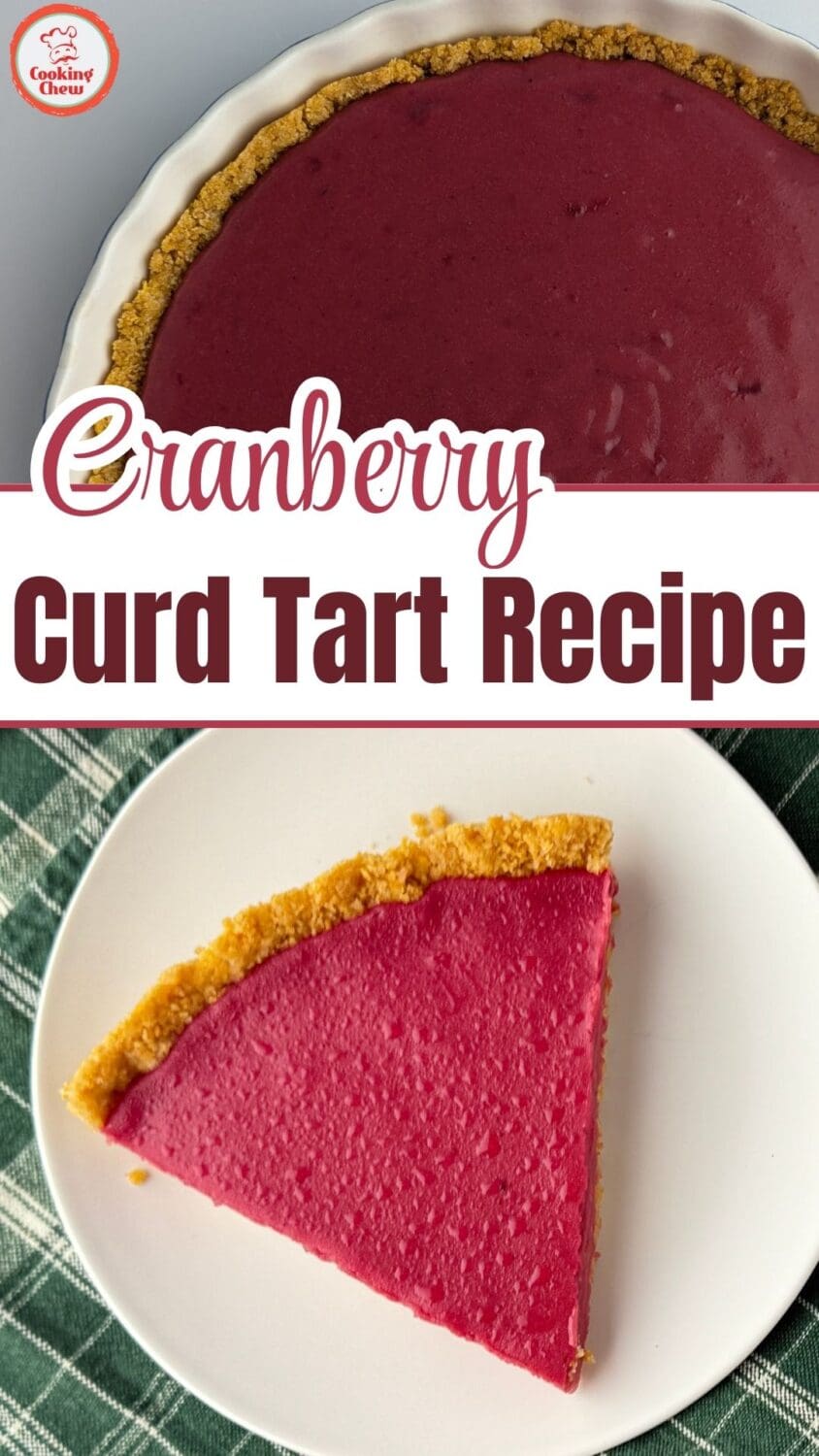 A vibrant cranberry curd tart with a crisp cornflake crust, garnished for the holidays.