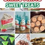 A tray of festive Christmas sweet treats decorated with red and green sprinkles.