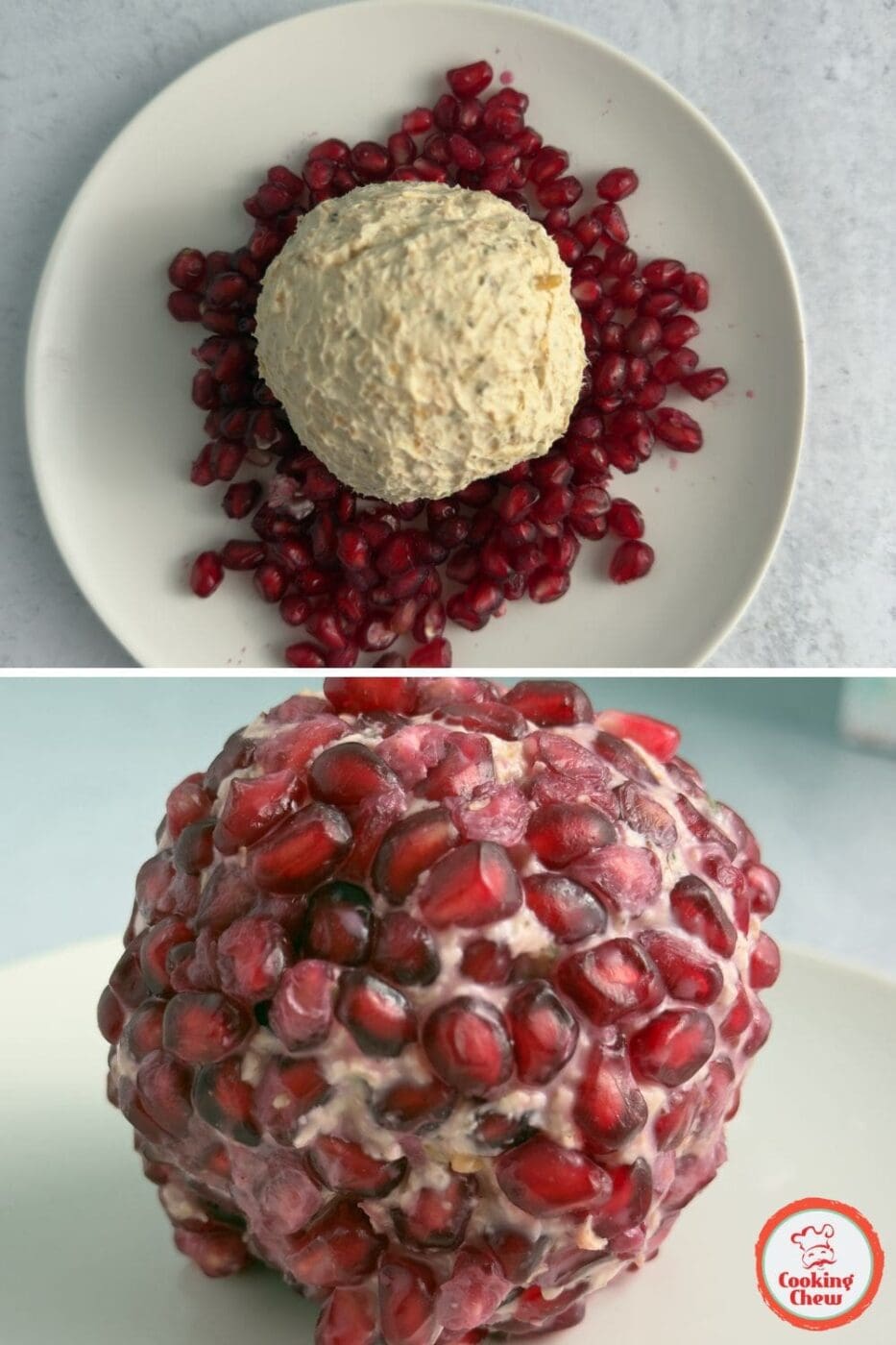 A festive holiday cheese ball with pomegranate seeds served as a Christmas appetizer.