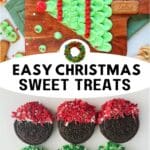 Holiday desserts, including chocolate-covered snacks and colorful cookies.