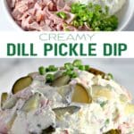 Bowl of dill pickle dip surrounded by chips and fresh vegetables.
