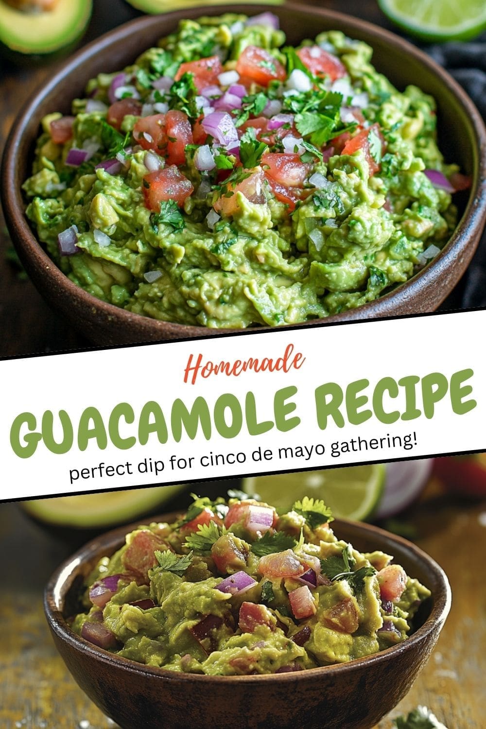 A vibrant bowl of chunky guacamole garnished with lime wedges and fresh cilantro.