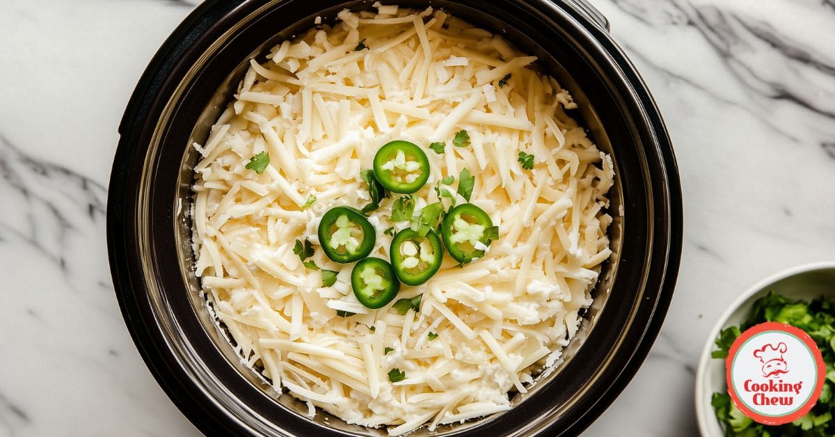 Melted queso dip with chopped jalape&ntilde;os and diced tomatoes for garnish.