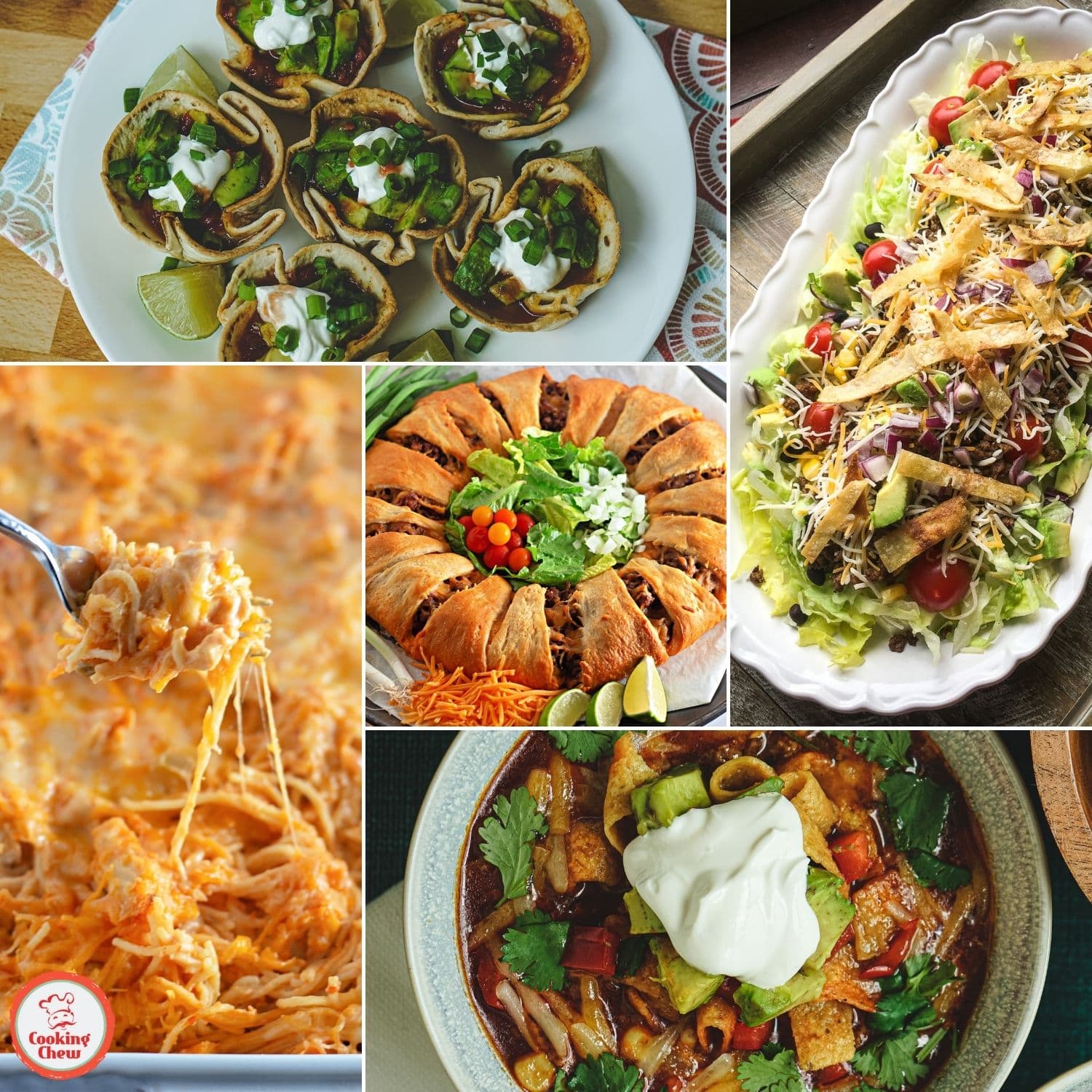 Festive Mexican spread with tacos, dips, and colorful garnishes.