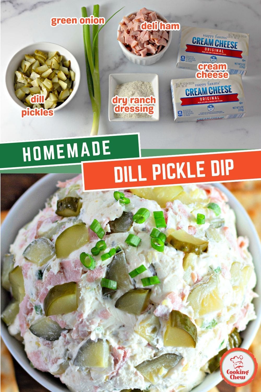 Creamy dill pickle dip served in a bowl with crackers and veggies.