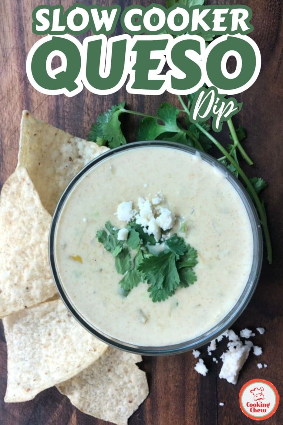 Warm queso dip served straight from a slow cooker with fresh chips nearby.