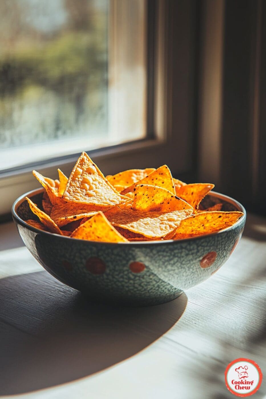 Crispy and golden homemade tortilla chips made in the air fryer, perfect for any dip.