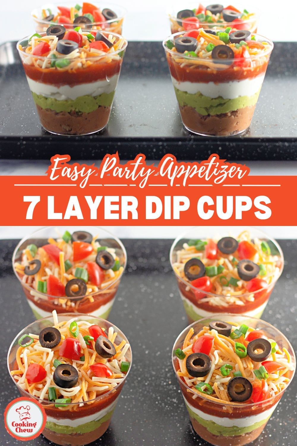 Individual 7 layer dip cups with guacamole, sour cream, and refried beans.