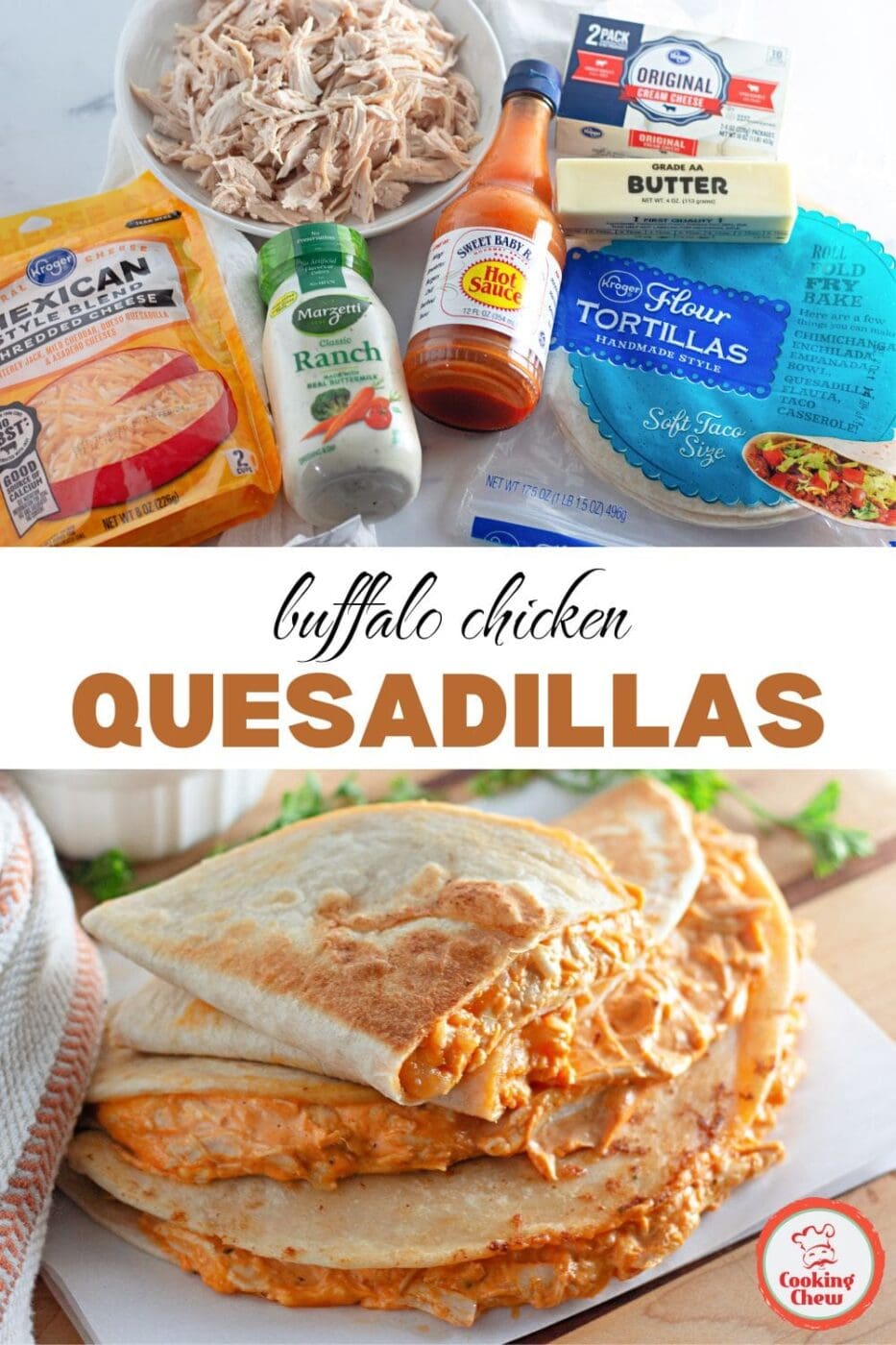 A stack of cheesy buffalo chicken quesadillas served with ranch dip.
