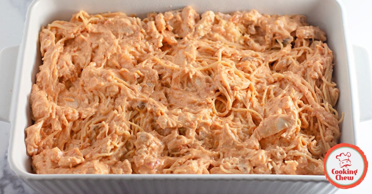 An easy one-dish chicken taco casserole with cheesy spaghetti.