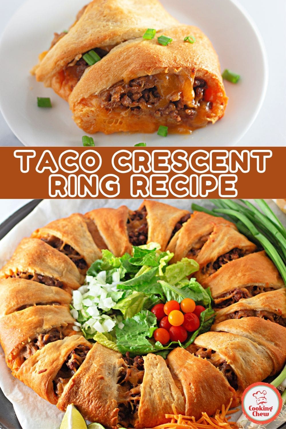 A golden taco crescent ring filled with ground beef, cheese, and toppings.