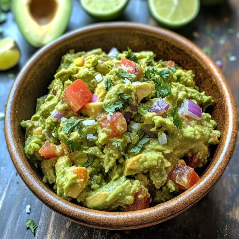 A close-up of chunky guacamole with diced tomatoes and jalapeños.