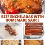 A pan of homemade beef enchiladas with melted cheese and red sauce.