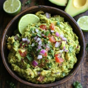 A bowl of funky guacamole surrounded by dipping options like carrots and chips.