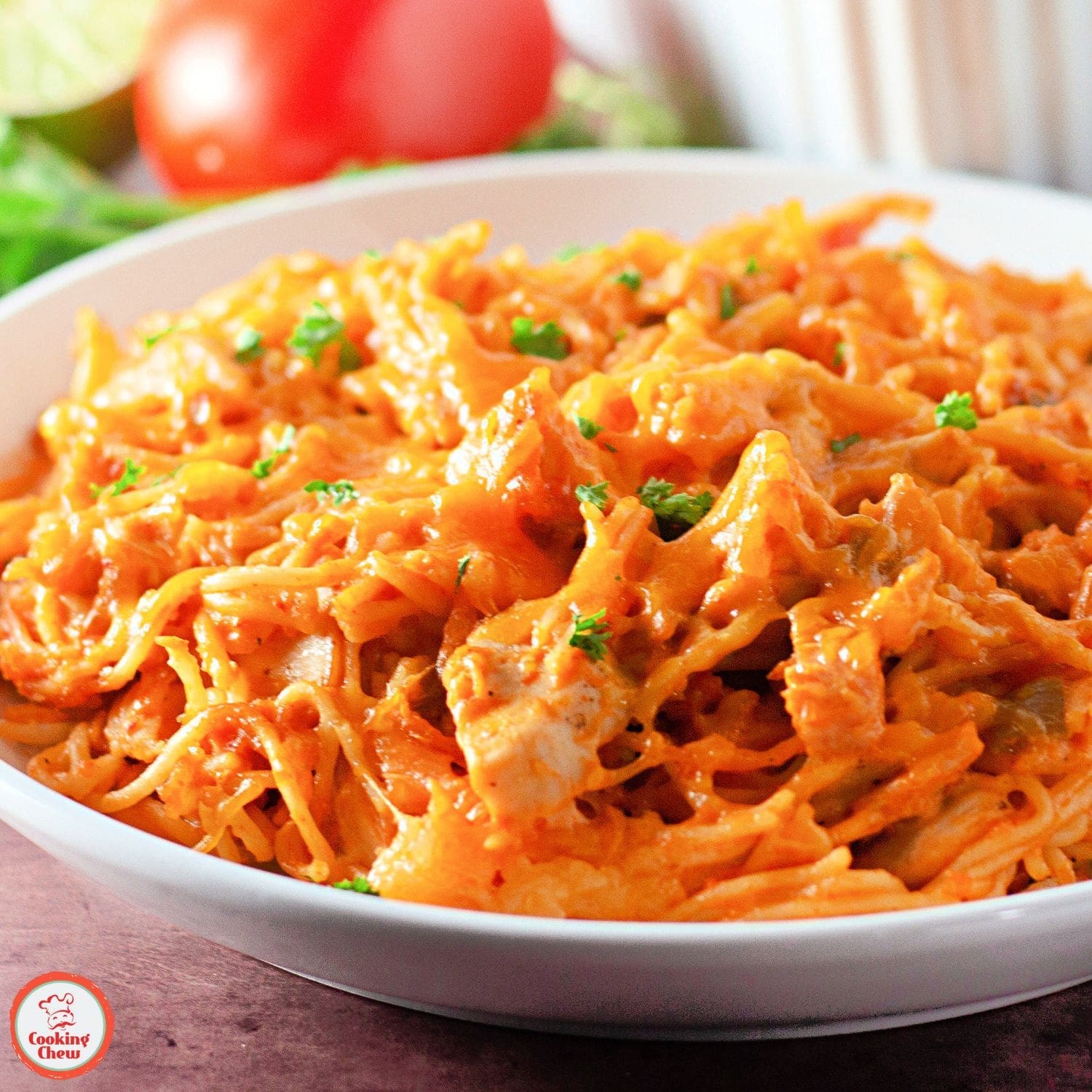 A comforting cheesy chicken taco spaghetti dinner.