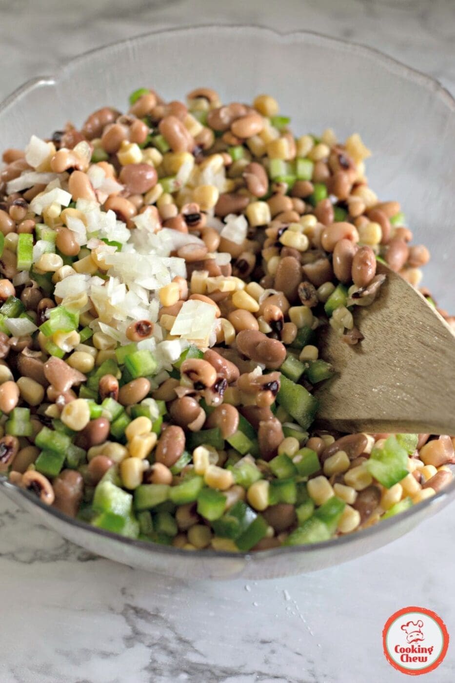 A vegan-friendly cowboy caviar salsa with a blend of corn, beans, and fresh veggies.
