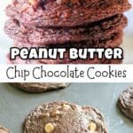 Close-up of a freshly baked chocolate cookie with peanut butter chips, broken in half to reveal the gooey center.