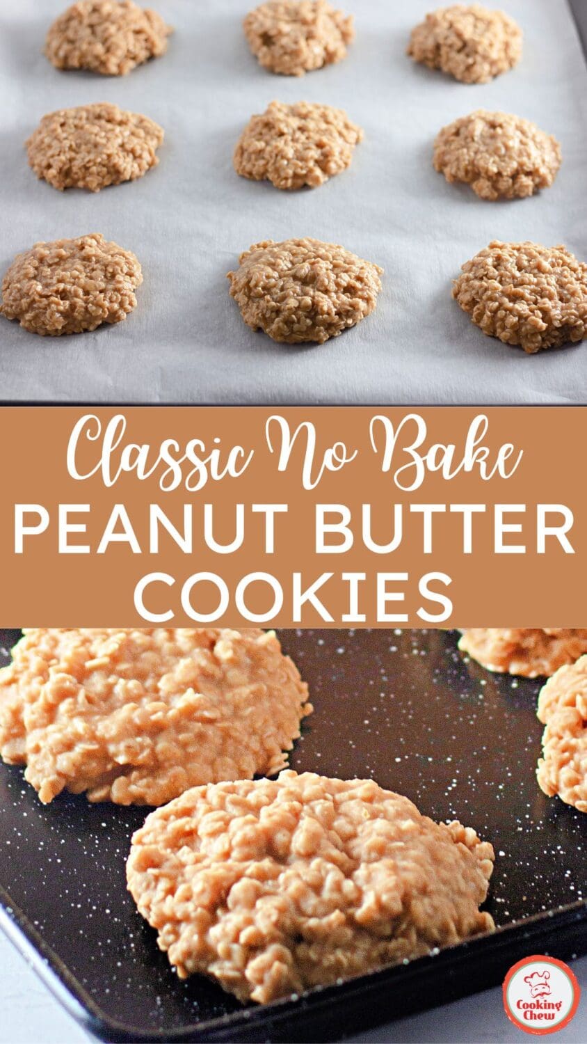 A batch of golden, peanut butter no bake cookies cooling on parchment paper.