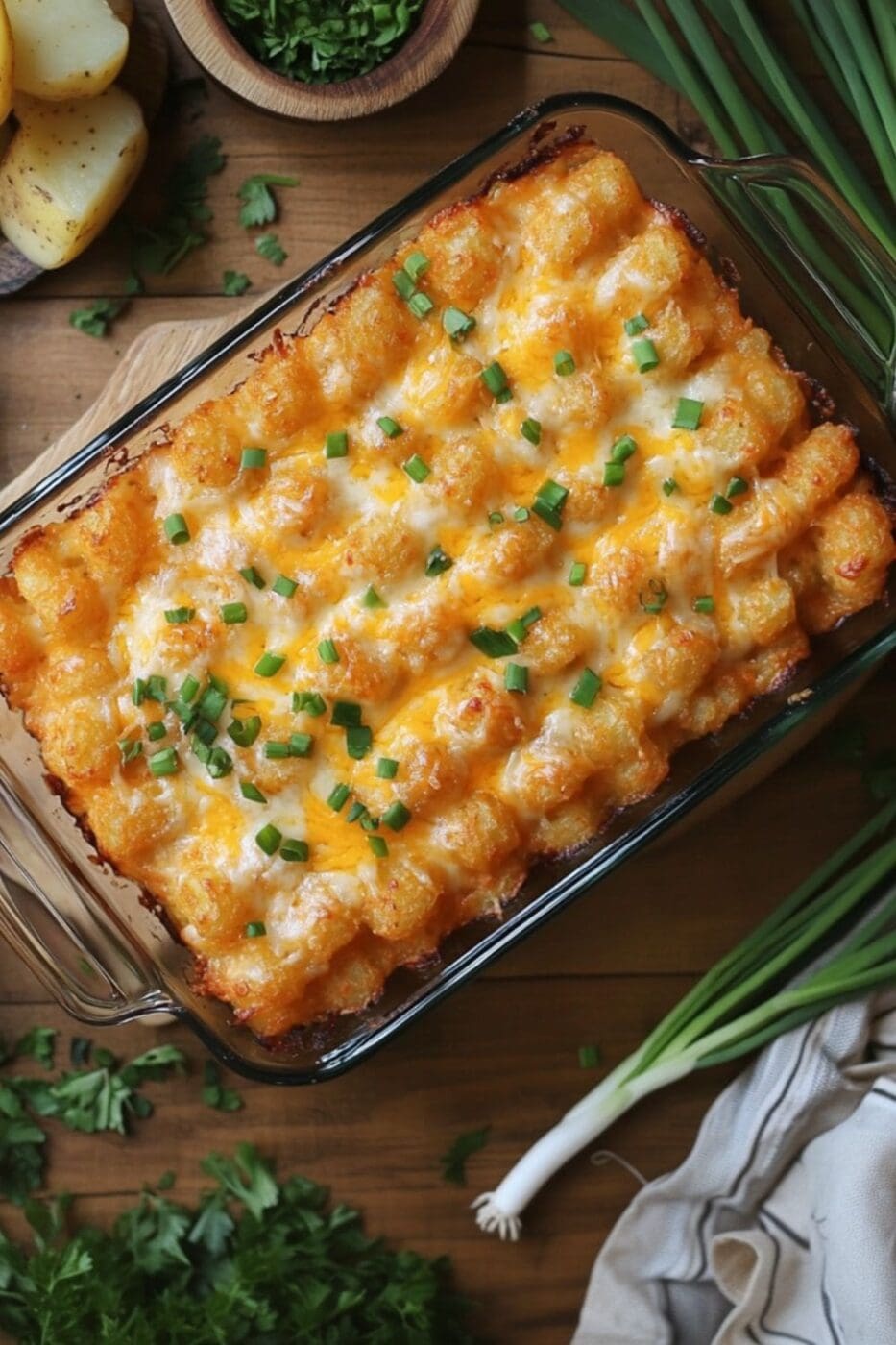 A golden, crispy tater tot casserole topped with melted cheese in a baking dish.