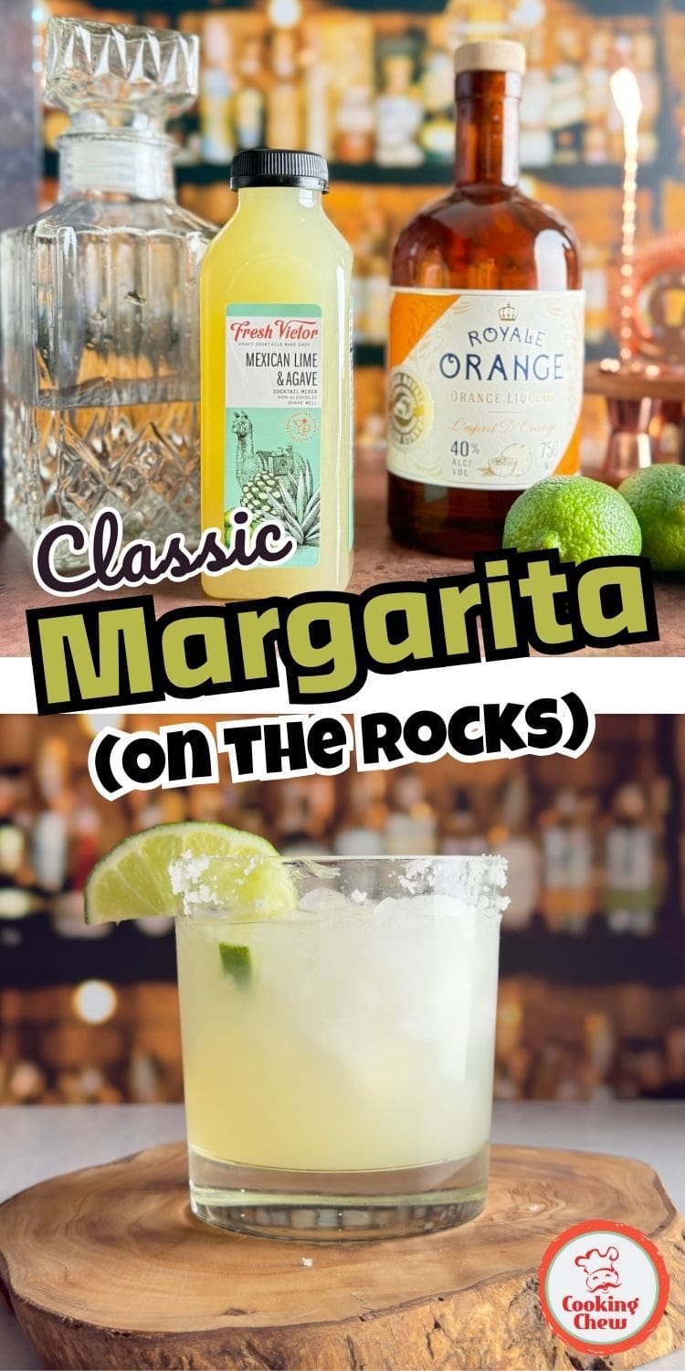 A perfectly mixed classic margarita on the rocks with a salted rim and fresh lime garnish.