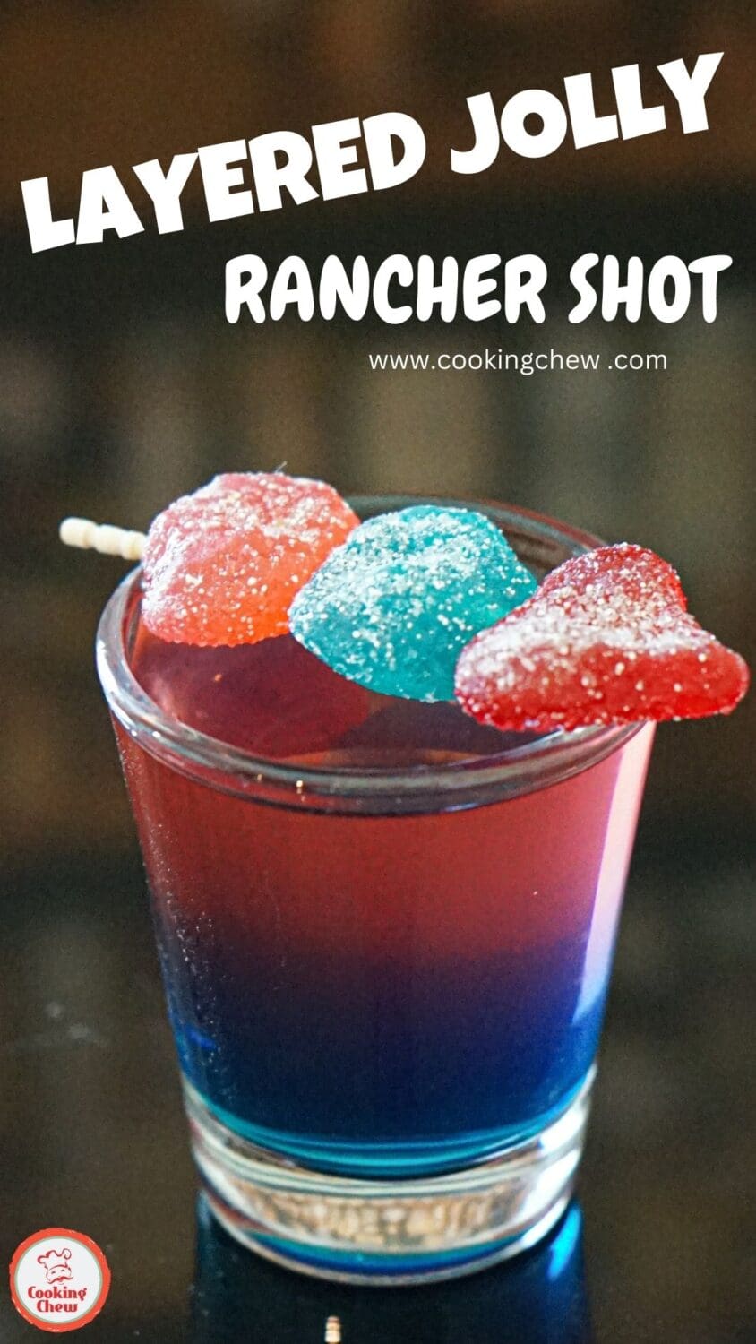 Vibrant, layered Jolly Rancher shots in clear shot glasses, showing bold, colorful layers of fruity flavors.