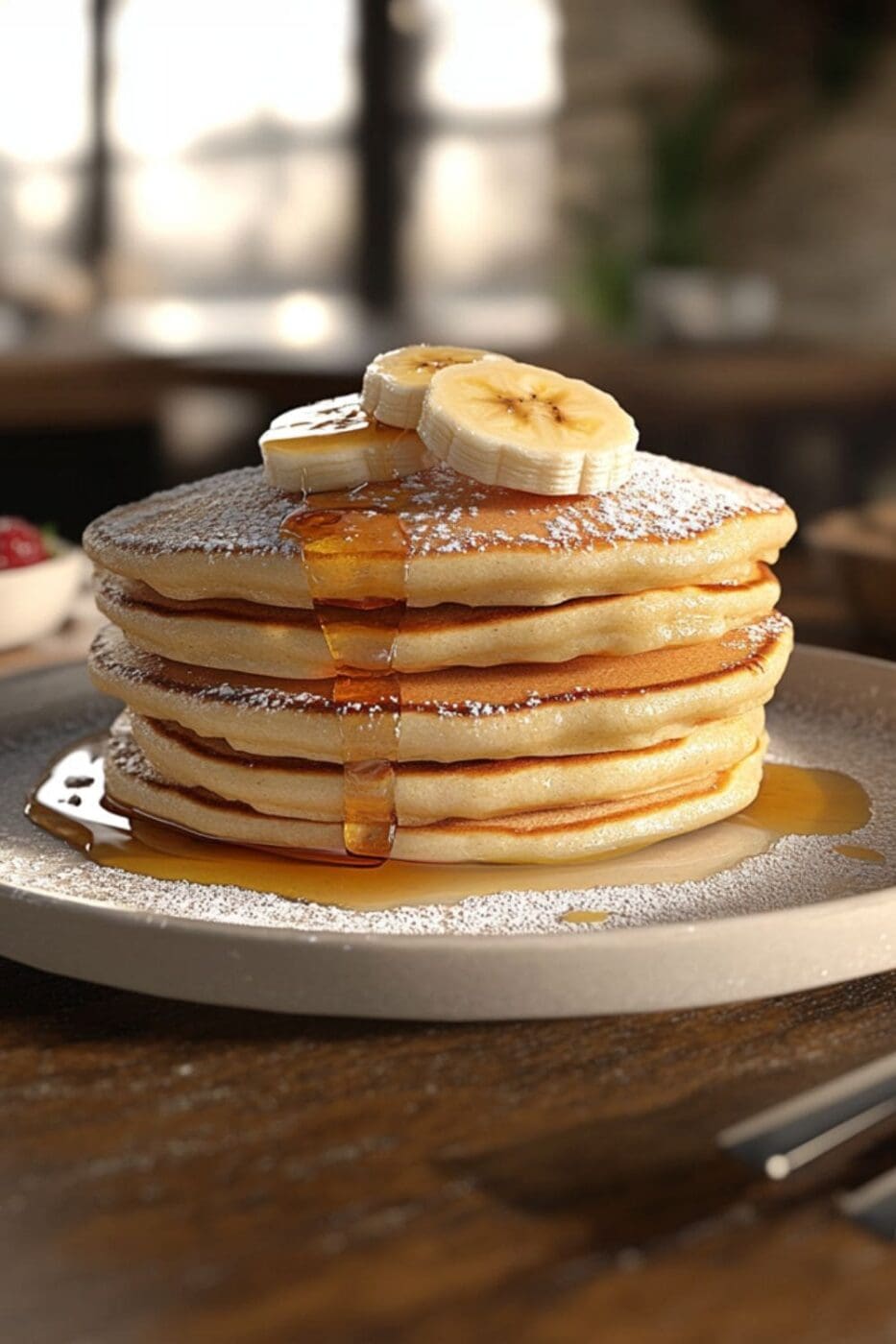A stack of fluffy banana pancakes topped with fresh banana slices and syrup, served on a white plate.