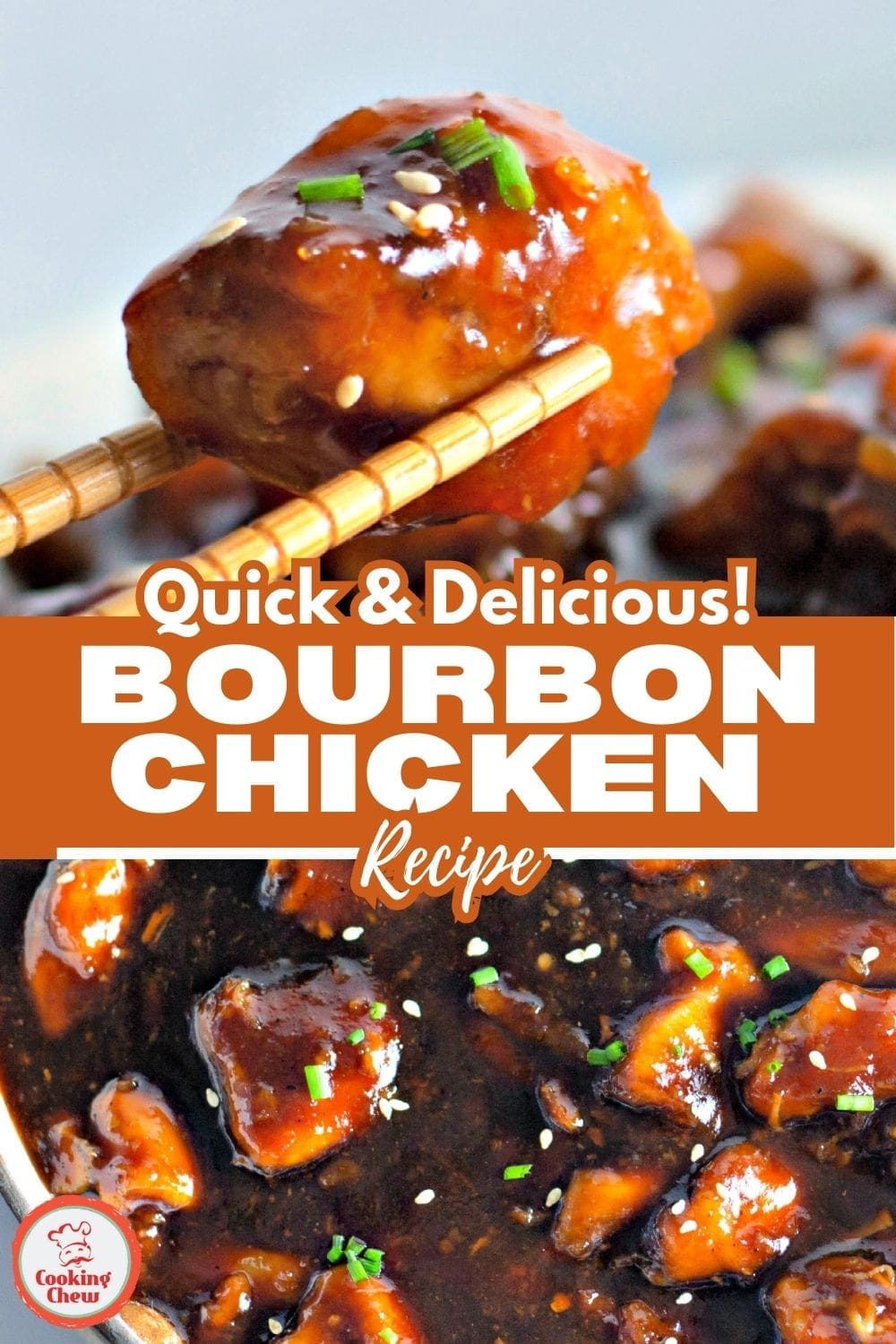 A skillet filled with bourbon chicken coated in a glossy glaze.