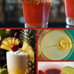 A table with Memorial Day cocktails, featuring vibrant colors and garnishes for an outdoor party.