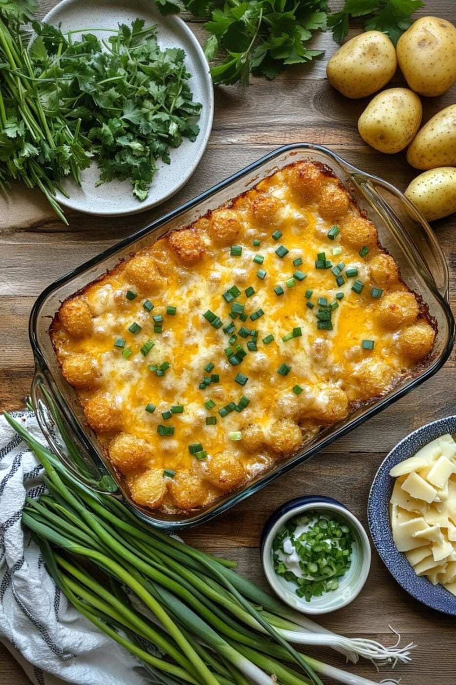 A golden, cheesy tater tot casserole with layers of crispy tater tots and savory filling, perfect for a hearty dinner.