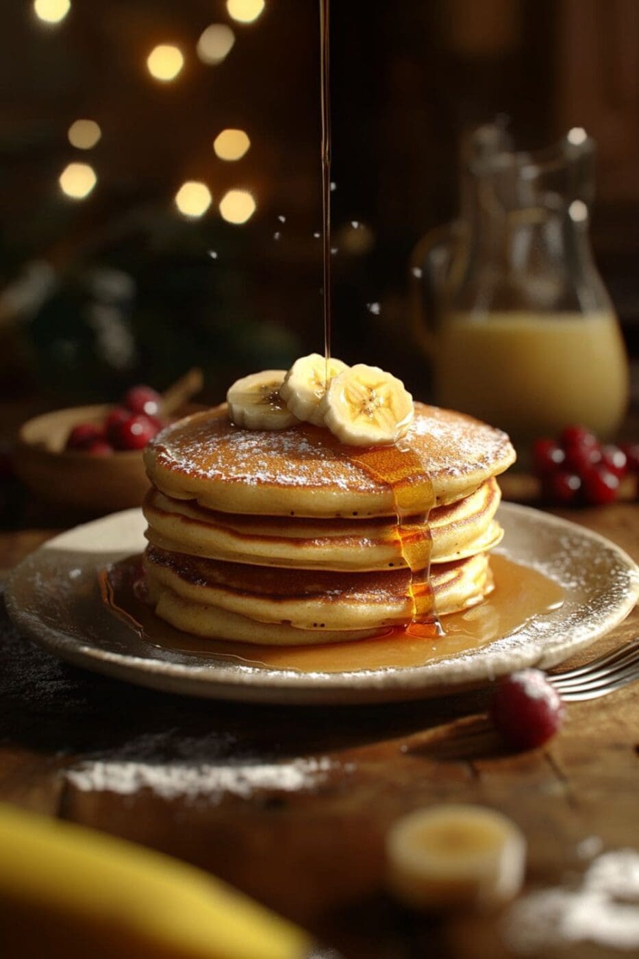 Fluffy, golden banana pancakes made from biscuit mix, served warm and perfect for a cozy breakfast.