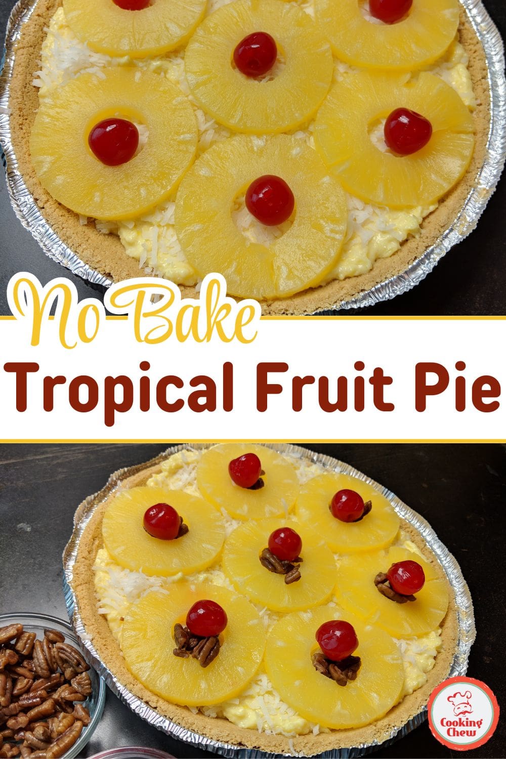 A vibrant, creamy tropical fruit pie topped with fresh pineapple and coconut.