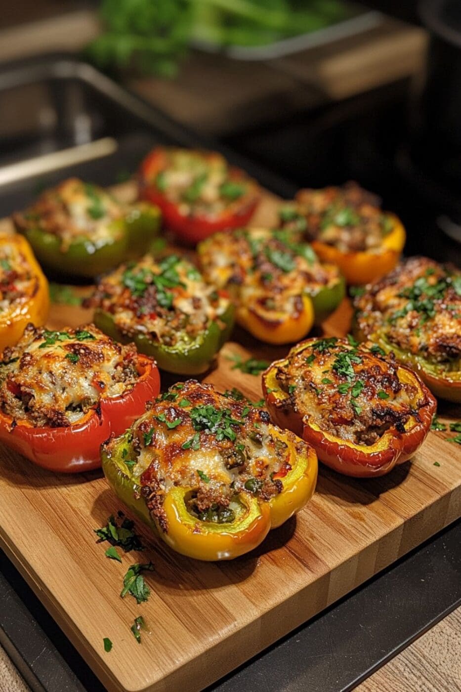 No-rice stuffed bell peppers filled with ground beef and Italian seasonings, offering a healthy and delicious dinner option with vibrant colors and fresh ingredients.