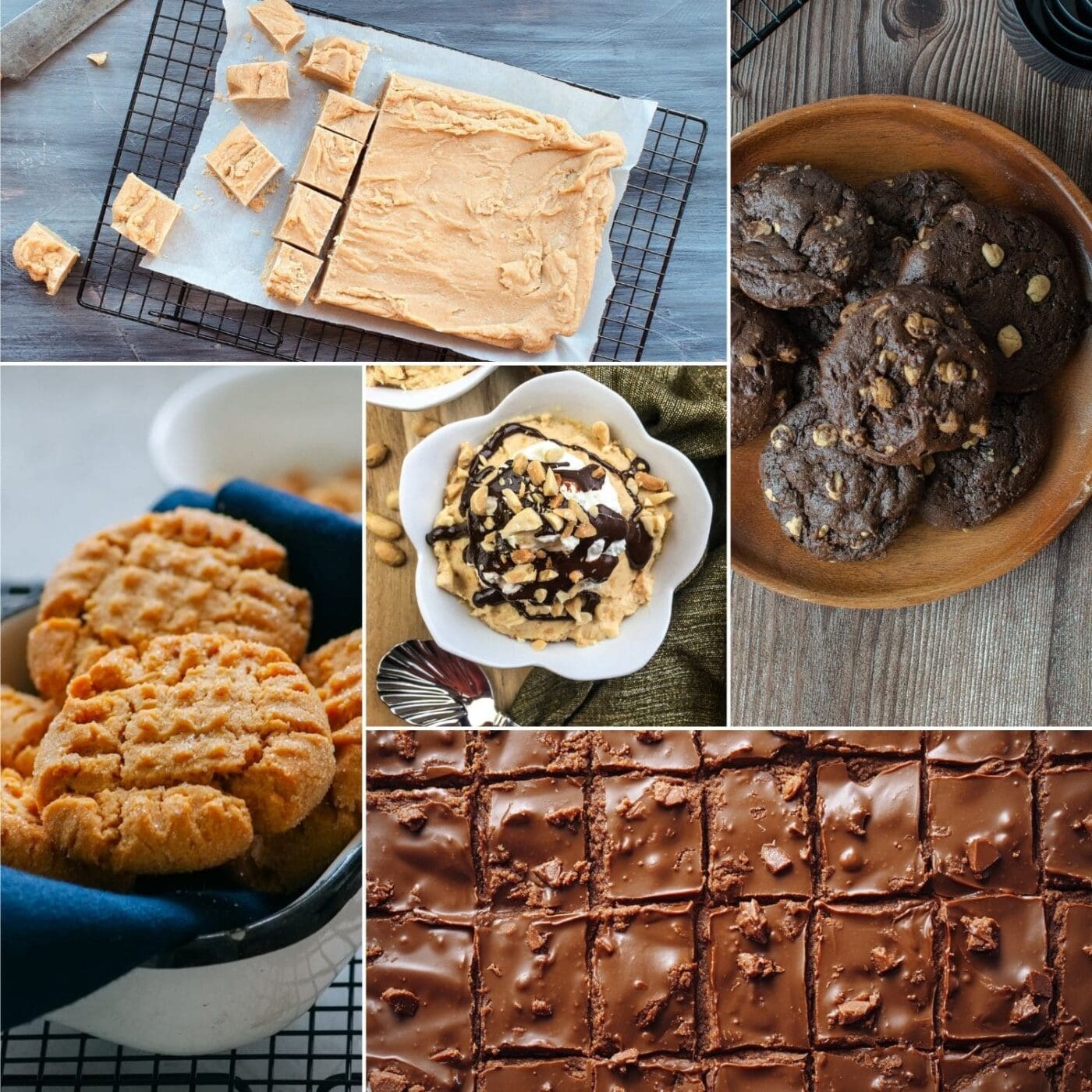 A variety of peanut butter cookies, bars, and fudge pieces on a dessert tray.